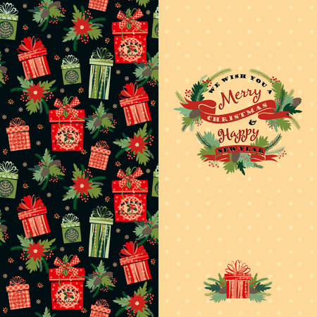 Merry Christmas and Happy New Year background. Design elements for posters, flyers, graphics module, paper, wallpaper. Seamless pattern with Christmas gifts.のイラスト素材