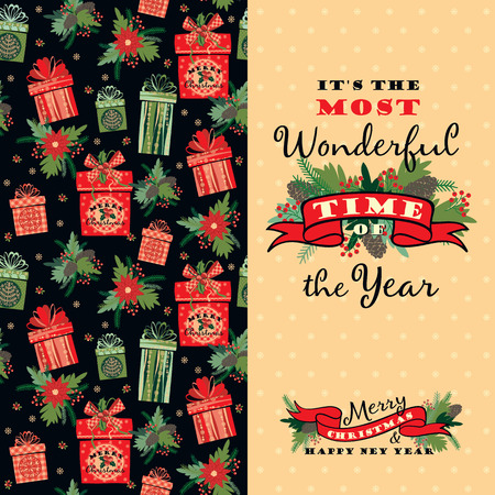 Merry Christmas and Happy New Year background. Design elements for posters, flyers, graphics module, paper, wallpaper. Seamless pattern with Christmas gifts.のイラスト素材