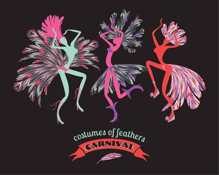 Illustration of dancing women in carnival costumes of feathers. Stylization, design element. Carnival, celebration, fun.のイラスト素材