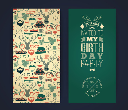 Happy birthday invitation, vintage retro background with hipster seamless pattern. Hipster style. Vector illustration.のイラスト素材