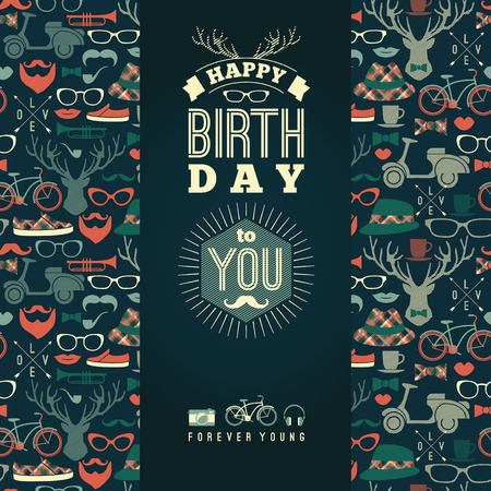 Happy birthday congratulations, vintage retro background with hipster seamless pattern. Hipster style. Vector illustration.のイラスト素材