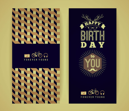Happy birthday congratulations, vintage retro background with geometric pattern. Hipster style. Vector illustration.のイラスト素材