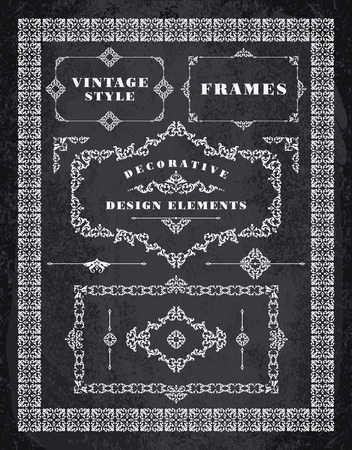 Set of Retro Vintage Badges, Frames, Labels and Borders. Design elements. Chalk Board Backgroundのイラスト素材