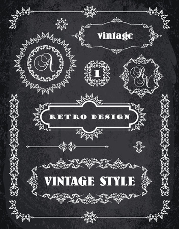 Set of Retro Vintage Badges, Frames, Labels and Borders. Design elements. Chalk Board Backgroundのイラスト素材