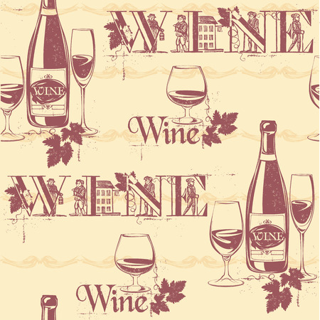 Vector illustration of wine bottles and glasses. Seamless vintage pattern.Design element.のイラスト素材