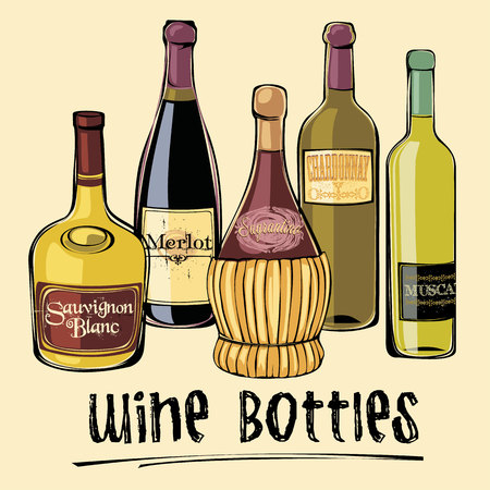 Vector illustration of wine bottles. Design element.のイラスト素材