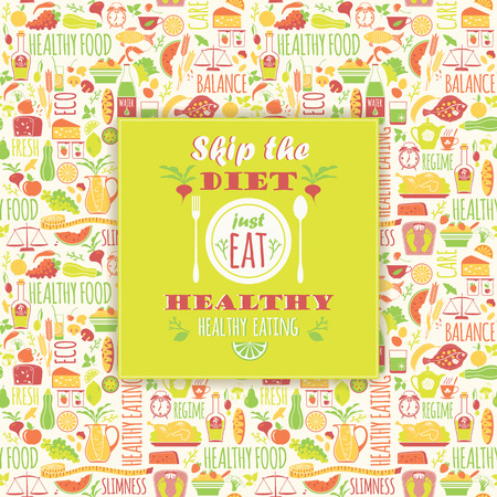 Healthy eating background with quote. Poster with typography. Vector seamless pattern with illustration of healthy food.のイラスト素材