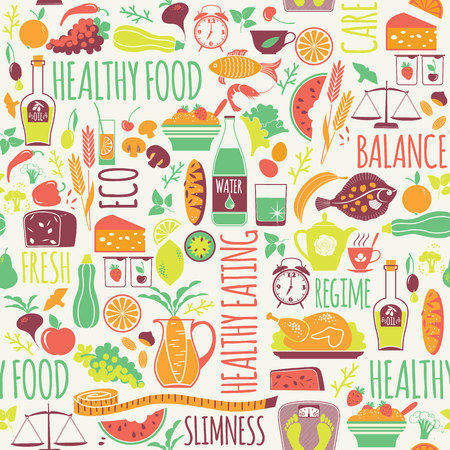 Vector seamless pattern with illustration of healthy food. Elemets for designのイラスト素材