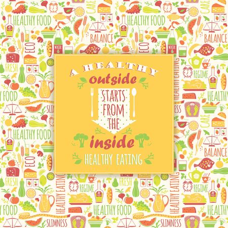 Healthy eating background with quote. Poster with typography. Vector seamless pattern with illustration of healthy food.のイラスト素材