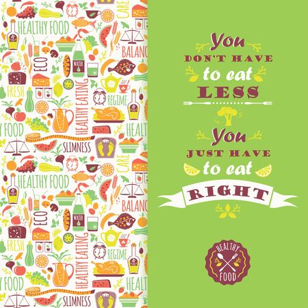 Healthy eating background with quote. Poster with typography. Vector seamless pattern with illustration of healthy food.のイラスト素材