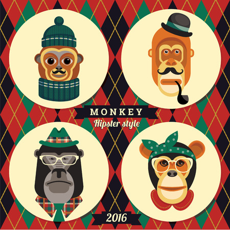 Vector illustration of monkeys, symbol of 2016. Trendy hipster style. Element for New Year's design. Image of 2016 year of the monkey.のイラスト素材