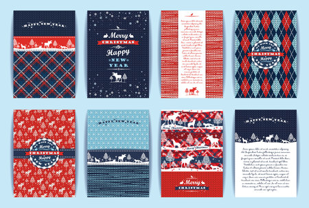 Christmas and New Year Set. Plaid and knitted backgrounds. Vector Design Templates Collection for Banners, Flyers, Placards, Posters and other use.のイラスト素材