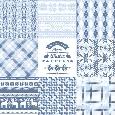Christmas and New Year Set. Plaid and ornamental seamless backgrounds. Vector Design Templates Collection for Banners, Flyers, Placards, Posters and other use.のイラスト素材
