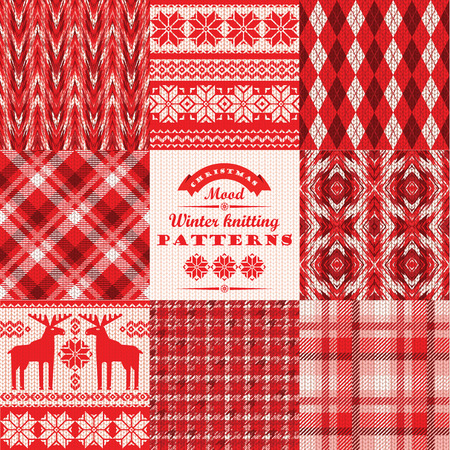 Christmas and New Year Set. Plaid and knitted seamless backgrounds. Vector Design Templates Collection for Banners, Flyers, Placards, Posters and other use.のイラスト素材