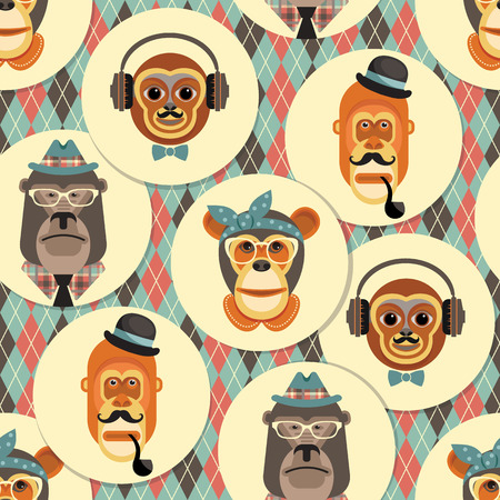 Vector illustration of monkeys, symbol of 2016. Seamless pattern. Trendy hipster style. Element for New Year's design. Image of 2016 year of the monkey.のイラスト素材
