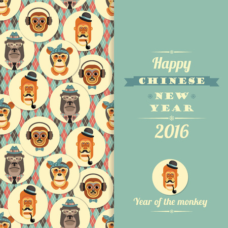 Vector illustration of monkeys, symbol of 2016. Trendy hipster style. Element for New Year's design. Image of 2016 year of the monkey.のイラスト素材