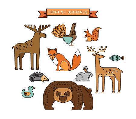 Vector illustrations of forest animals. Trendy linear design elements.のイラスト素材