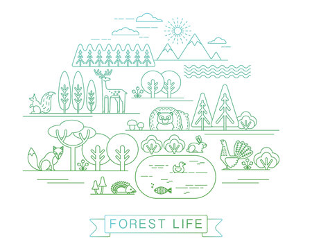 Vector illustration of forest life. Forest flora and fauna. Trendy graphic style.のイラスト素材