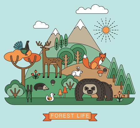 Vector illustration of forest life. Forest flora and fauna. Trendy graphic style.のイラスト素材