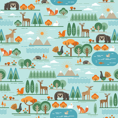 Vector seamless pattern with forest flora and fauna. Trendy graphic style.のイラスト素材