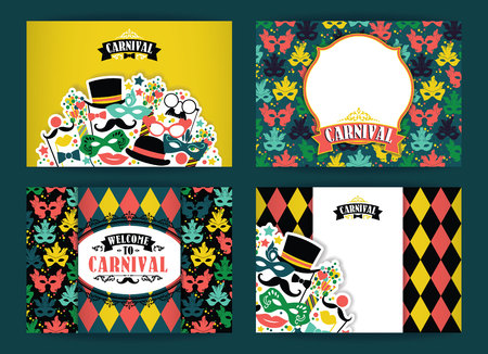 Celebration festive background with carnival icons and objects. Vector Design Templates Collection for Banners, Flyers, Placards, Posters and other use.のイラスト素材