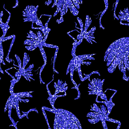 Trendy glitter texture with dancing women in carnival costumes. Carnival, celebration, fun. Vector seamless pattern.のイラスト素材