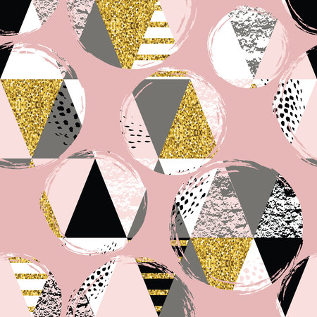 Abstract geometric seamless pattern with trendy glitter and hand drawn textures. Modern abstract design for poster, cover, fabric and other users.のイラスト素材