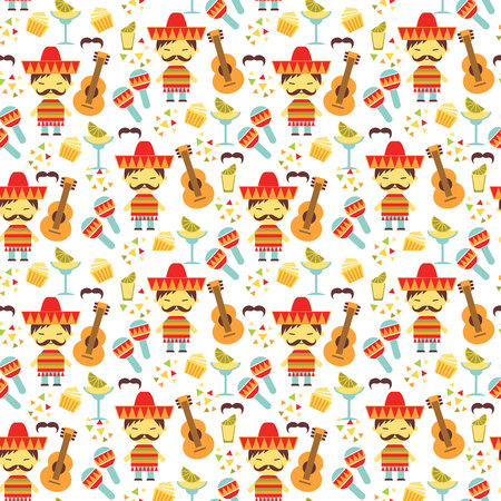 Vector seamless pattern with traditional Mexican symbols. Cinco de Mayo.のイラスト素材