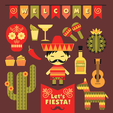 Vector set with traditional Mexican symbols. Cinco de Mayo. Let 's Fiesta!のイラスト素材