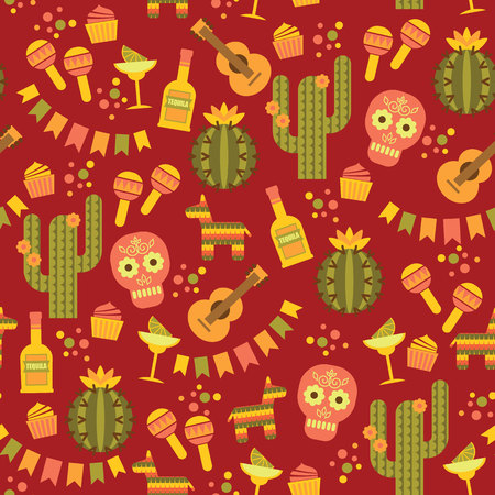 Vector seamless pattern with traditional Mexican symbols. Cinco de Mayo.のイラスト素材
