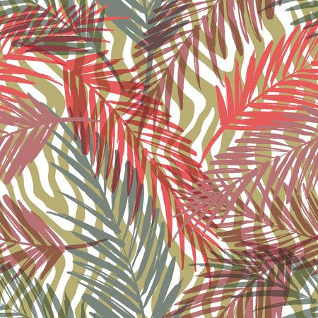 Seamless exotic pattern with palm leaves and animal pattern. Vector hand draw illustrationのイラスト素材