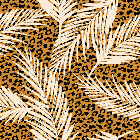 Seamless exotic pattern with palm leaves and animal pattern. Vector hand draw illustrationのイラスト素材