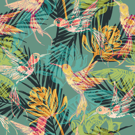 Seamless exotic pattern with abstract palm leaves and colibri. Vector hand draw illustrationのイラスト素材
