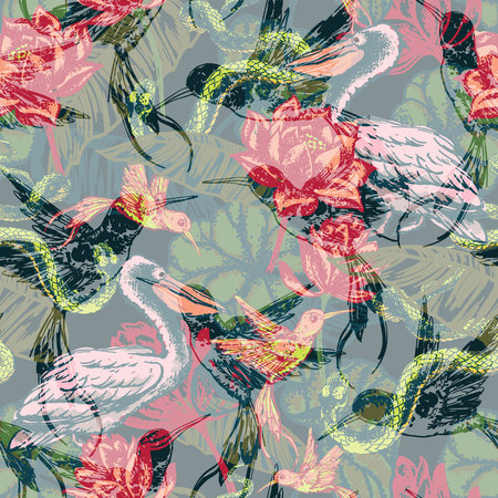 Hand draw tropical fantasy background. Vector illustration. Seamless patternのイラスト素材