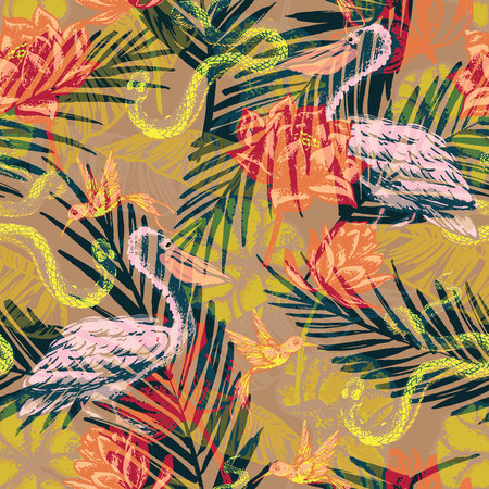 Seamless exotic pattern with abstract palm leaves and tropical animals. Vector hand draw illustrationのイラスト素材
