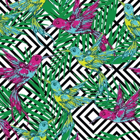 Seamless exotic pattern with colibri and palm leaves on geometric background. Vector hand draw illustration.のイラスト素材