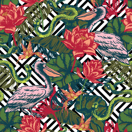 Seamless exotic pattern on geometric background. Vector hand draw illustrationのイラスト素材