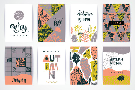 Set of artistic creative autumn cards. Hand Drawn textures and brush lettering. Design for poster, card, invitation, placard, brochure, flyer. Vector templatesのイラスト素材