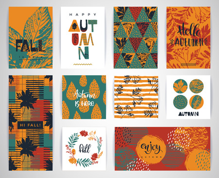 Set of artistic creative autumn cards. Hand Drawn textures and brush lettering. Design for poster, card, invitation, placard, brochure, flyer. Vector templatesのイラスト素材