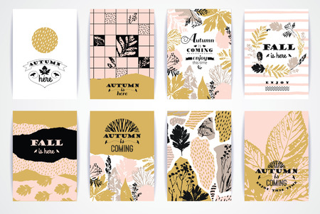 Set of artistic creative autumn cards. Hand Drawn textures and brush lettering. Design for poster, card, invitation, placard, brochure, flyer. Vector templatesのイラスト素材