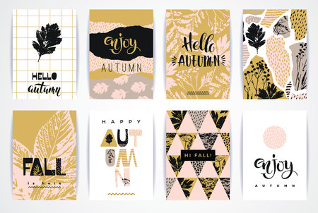Set of artistic creative autumn cards. Hand Drawn textures and brush lettering. Design for poster, card, invitation, placard, brochure, flyer. Vector templatesのイラスト素材