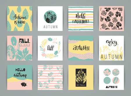 Set of artistic creative autumn cards. Hand Drawn textures and brush lettering. Design for poster, card, invitation, placard, brochure, flyer. Vector templatesのイラスト素材