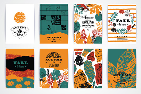 Set of artistic creative autumn cards. Hand Drawn textures and brush lettering. Design for poster, card, invitation, placard, brochure, flyer. Vector templatesのイラスト素材