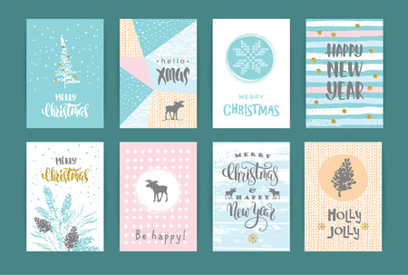 Set of artistic creative Merry Christmas and New Year cards. Hand Drawn textures and brush lettering. Design for poster, card, invitation, placard, brochure, flyer. Vector templates.のイラスト素材