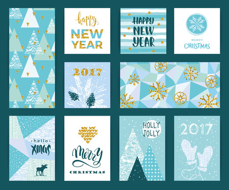 Set of artistic creative Merry Christmas and New Year cards. Hand Drawn textures and brush lettering. Design for poster, card, invitation, placard, brochure, flyer. Vector templates.のイラスト素材