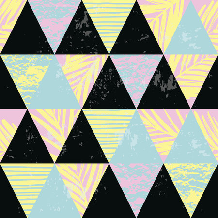 Seamless exotic pattern with palm leaves on geometric background . Vector illustration.のイラスト素材