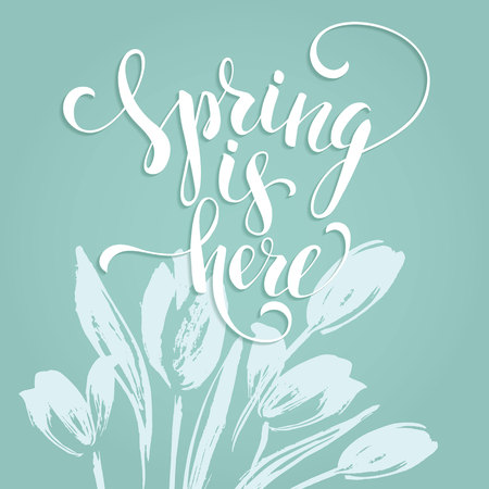 Sping is here. Lettering design. Vector illustrationのイラスト素材