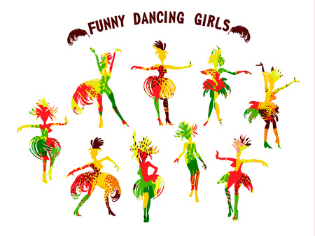 Vector illustration of funny dancing girls in bright carnival costumes with feathers. Trendy hand drawn textures. Design element for carnival concept and other usersのイラスト素材