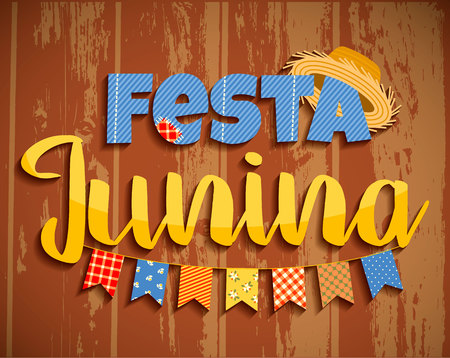 Latin American holiday, the June party of Brazil. Lettering design on wood texture.のイラスト素材