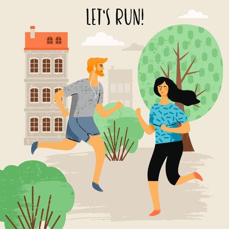 Vector illustration of running woman and man. Healthy lifestyle. Design element in pastel colors with textures.のイラスト素材